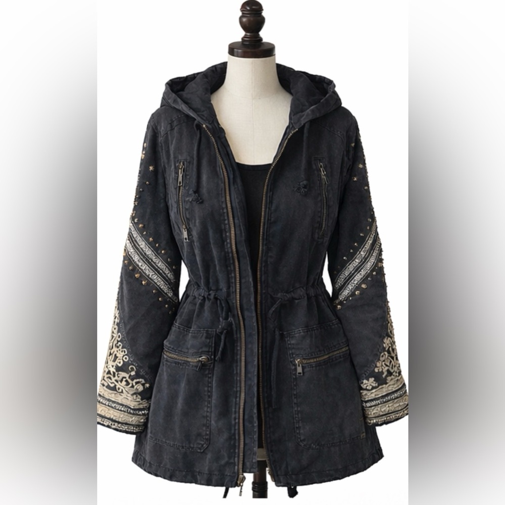 Free People Black Embroidered Hooded Utility Jacket